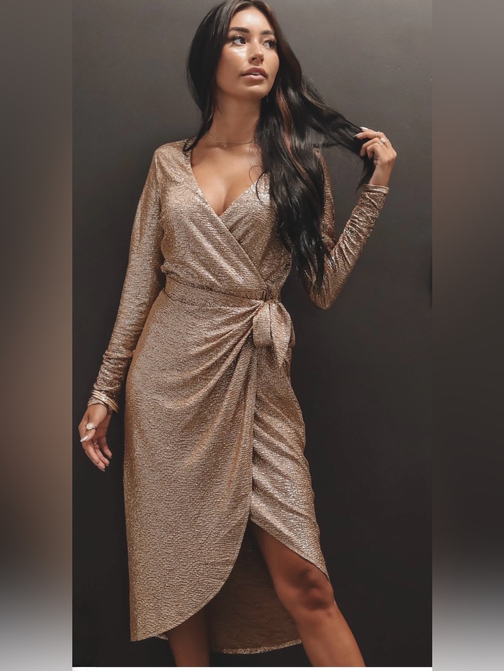 Show Me Your Mumu Kimora Wrap Dress in sparkling gold material. Size L NWT